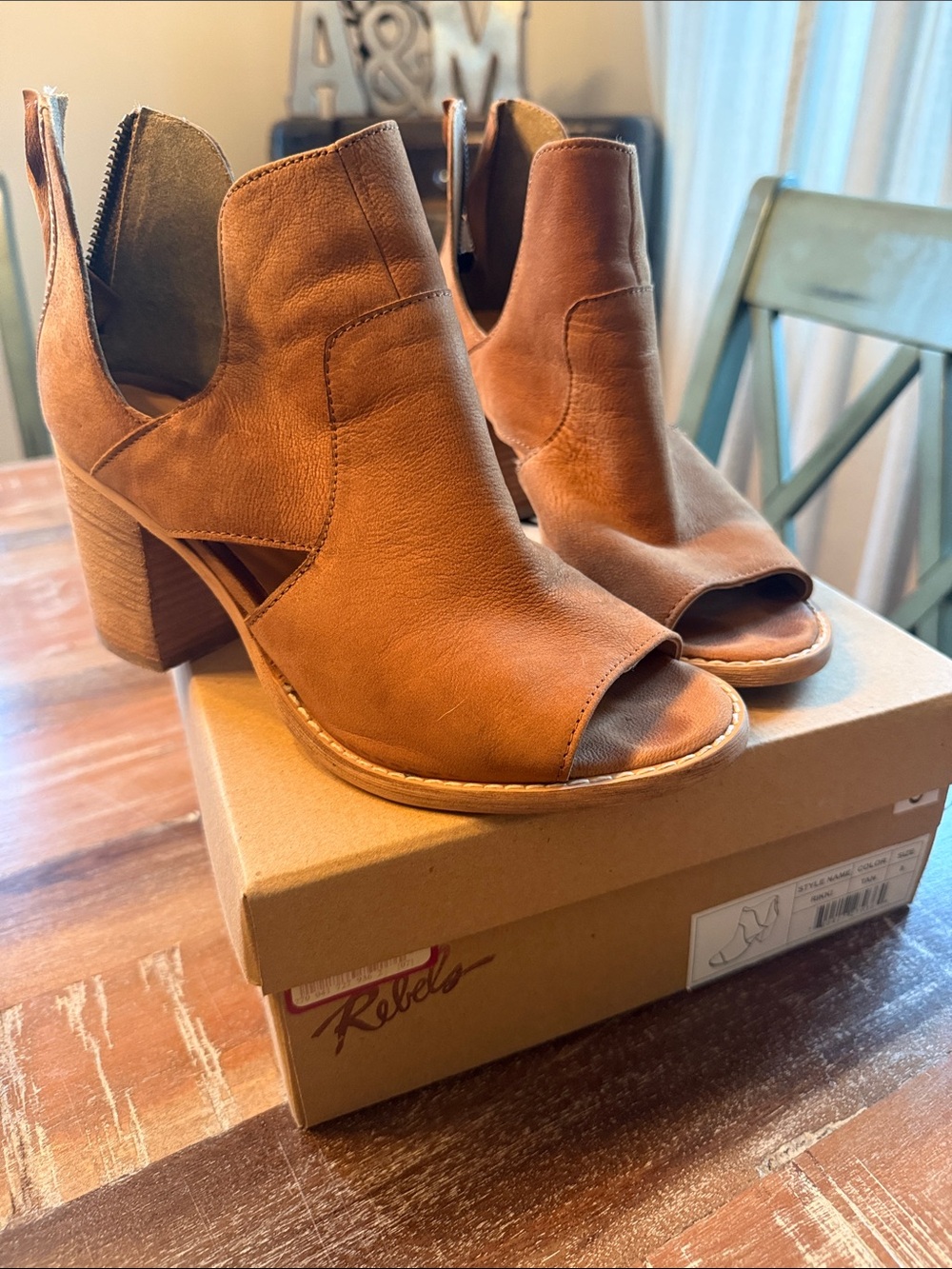 rebels Tan Leather Open-Toe Block Heel Mules